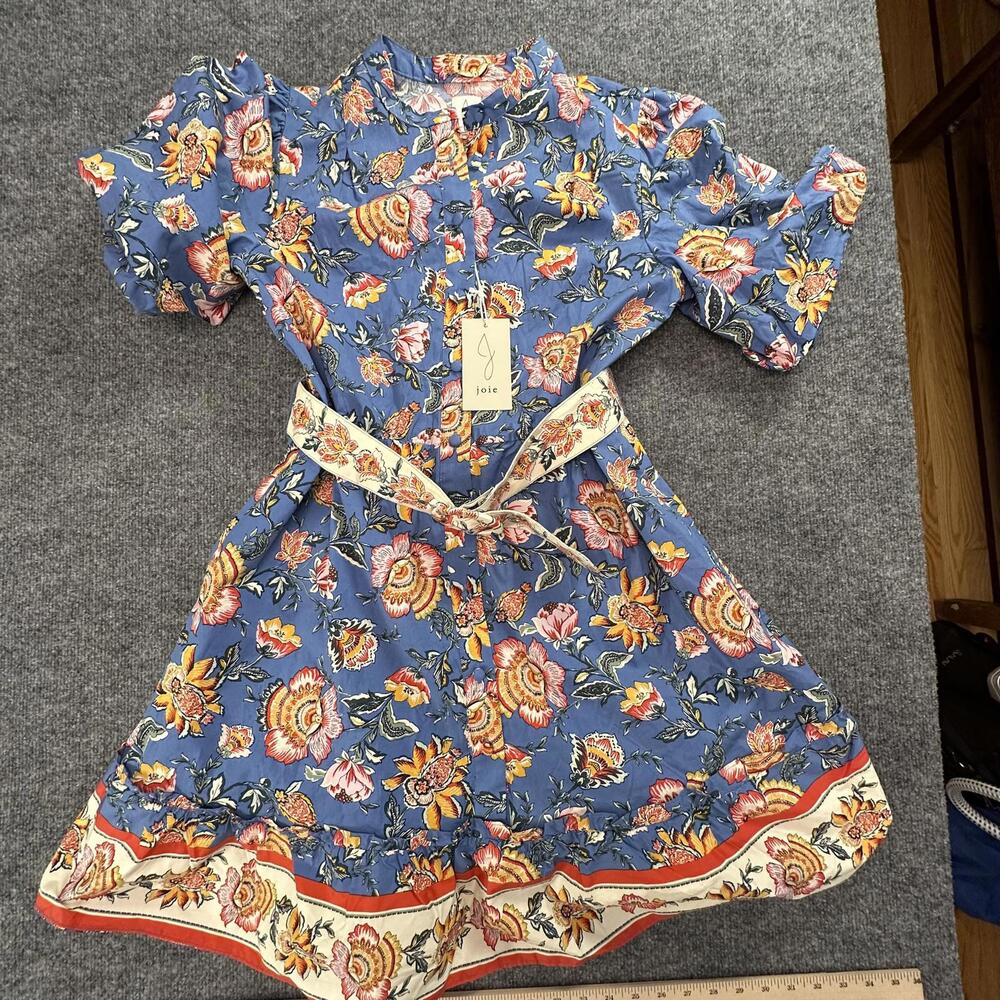 Joie Blue Floral Puff Sleeve Mini Dress‎ Size 10 Button Front Belted Boho #285